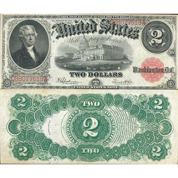 1917 $2 Legal Tender - Large Size Note - Extra Fine: 1917 $2 Legal Tender - Large Size - Extra Fine Condition. These popular $2.00 large size legal tender notes feature Thomas Jefferson and have been eagerly sought after by type collectors for decades.