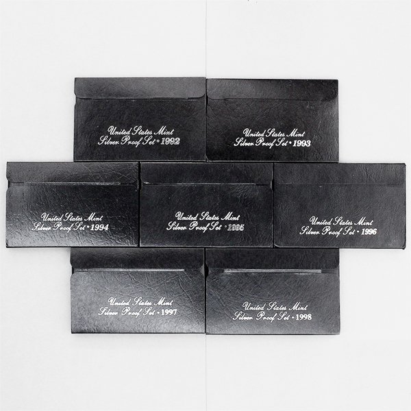 1992-1998 Proof Set 90% Silver 7 Sets Lot: 1992-1998 US Mint 90% Silver Proof 7 Sets Lot. Lincoln Cent, Jefferson Nickel, 90% Roosevelt Silver Dime, 90% Silver Washington Quarter and 90% Silver Kennedy Half Dollar. All the coins in this set be