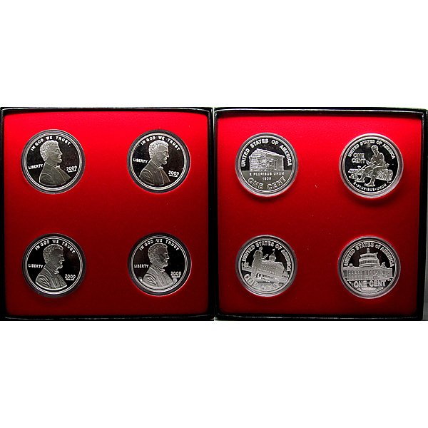 1 Oz 2009 Lincoln Silver Rounds 4-Coin Set w/Box: 2009 1 Oz Lincoln Bicentennial Design .999 Fine Silver Rounds Complete 4-Coin Set with Gift Box.