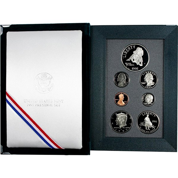 1995-S US Mint Prestige Proof Set in OGP: This 1995-S US Proof Prestige Set, Minted in San Francisco Includes a Kennedy Half Dollar, Washington Quarter, Roosevelt Dime, Jefferson Nickel, Lincoln Penny & Commemorative Silver Dollar with origin