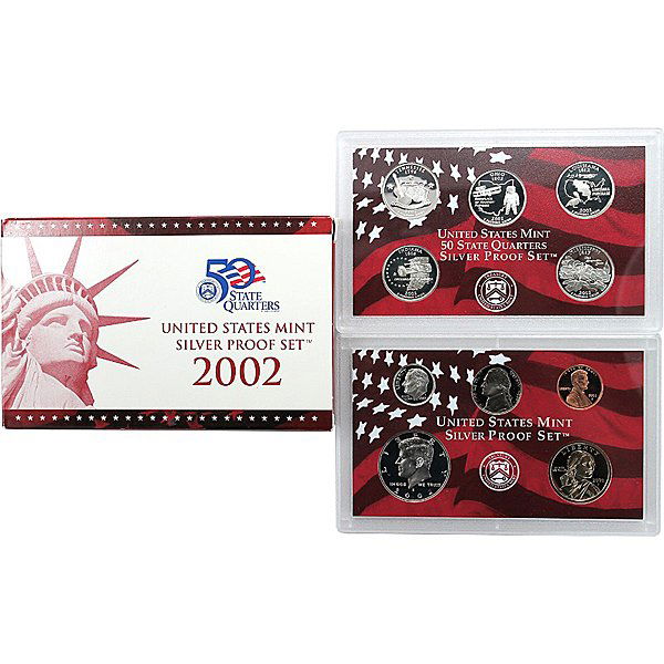 2002-S 10-Coin Proof Set 90% Silver in OGP: The 2002 United States Mint Silver Proof Set contains all 10 coins in stunning proof condition displayed in two protective lenses. Each of these 2002-dated coins bears the “S” mint mark of the Uni