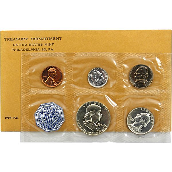 1959 US Mint Proof Set 90% Silver in OGP: 1959 US Mint Proof (90% Silver) set in Original Envelope 1959 Proof Silver Set: Lincoln Cent, Jefferson Nickel, 90% Silver Roosevelt Dime 90% Silver Washington Quarter 90% Silver Franklin Half Dollar.
