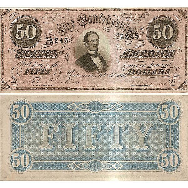 1864 $50 Bill - Confederate Note - Very Fine: 1864 $50 Bill - Confederate Note - Very Fine Or Better Condition. These genuine Confederate $50.00 bank notes were issued in 1864. Each note features a bust portrait of Jefferson Davis.