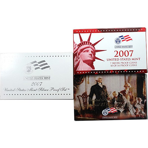 2007-S 14-Coin Proof Set 90% Silver in OGP: The 2007 United States Mint Silver Proof Set contains all 14 coins in stunning proof condition displayed in two protective lenses. Each of these 2007-dated coins bears the “S” mint mark of the Uni