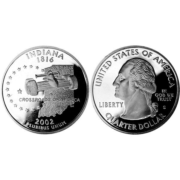 2002-S Indiana State Quarter 90% Silver Proof: 2002-S Indiana State Quarter 90% Silver Gem Deep Cameo Proof Coin *Free shipping for all domestic orders over $50. **Use this stock photograph as an indicator of the quality of the coin(s) you will re