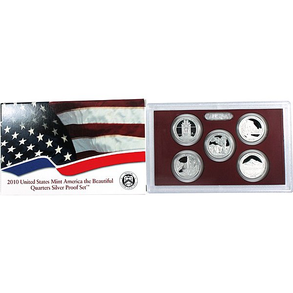 2010-S US Mint ATB Quarters 5-Coin Silver Proof Set: 2010-S US Mint 5-Coin Silver ATB Quarter Proof Set 2010 United States Mint America the Beautiful Quarters Silver Proof Set. Set comes in the original box with COA. "Beginning in 2010, the United State