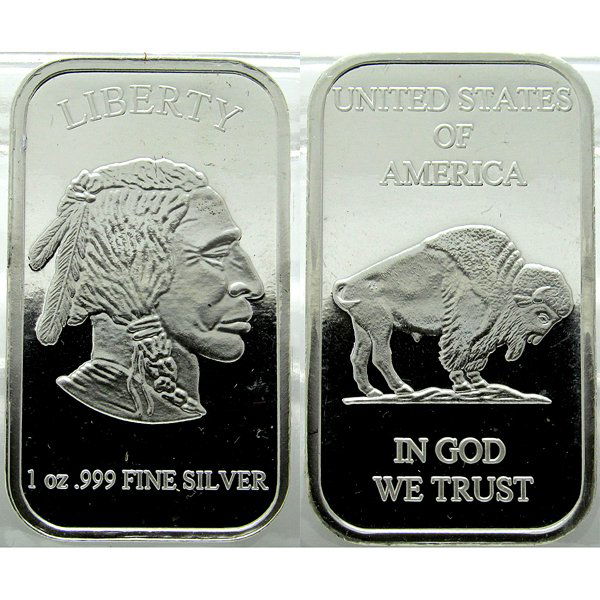 1 Oz Buffalo Design .999 Fine Silver Bar: 1 Oz Buffalo Design .999 Fine Silver Bar. Product Specifications: Contains: 1 oz of .999 Fine Silver. Country of Manufacture: United States of America. Obverse: Classic James Earle Fraser Native Ameri