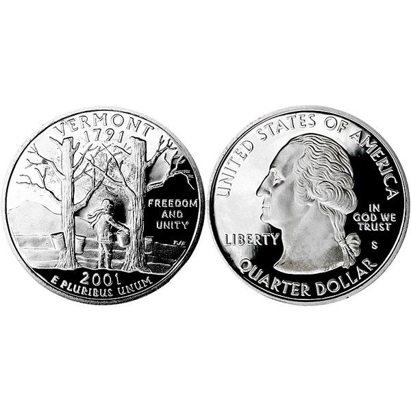 2001-S Vermont State Quarter 90% Silver Proof: 2001-S Vermont State Quarter 90% Silver Gem Deep Cameo Proof Coin *Free shipping for all domestic orders over $50. **Use this stock photograph as an indicator of the quality of the coin(s) you will re