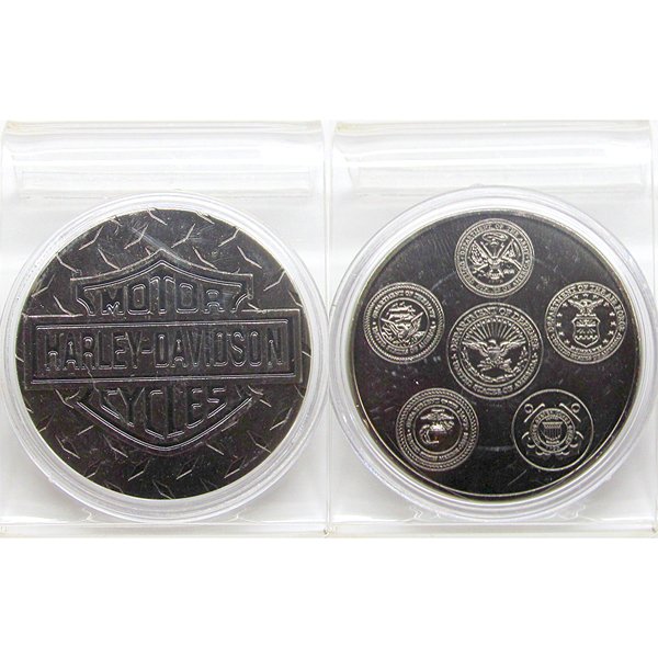 1.5 Oz Harley Davidson Design Challenge Coin: 1.5 Oz Harley Davidson Diamond Plate / Armed Forces - Nickel Challenge Coin