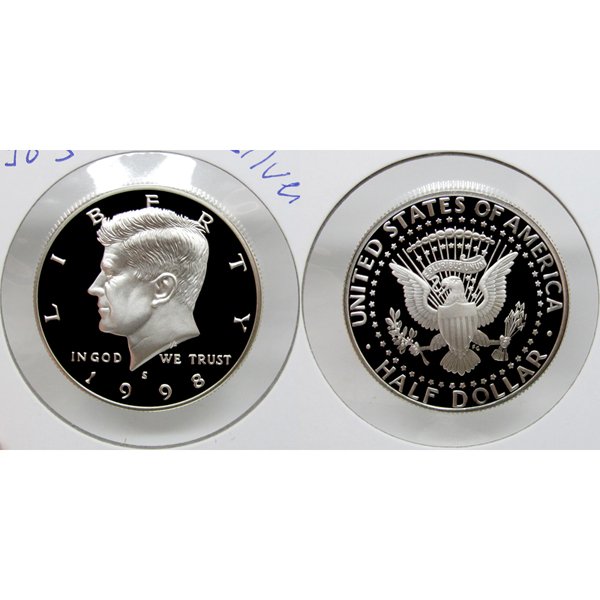 1998-S Kennedy Half Dollar 90% Silver Proof Coin: 1998-S Kennedy Half Dollar 90% Silver Gem Deep Cameo Proof Coin *Free shipping for all domestic orders over $50. **Use this stock photograph as an indicator of the quality of the coin(s) you will rece