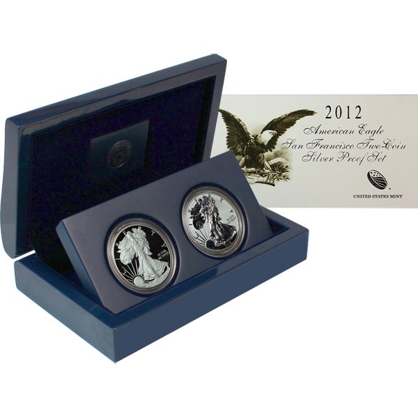 2012-S Proof Silver American Eagle 2-Coin Set: This set product includes the original government packaging (OGP), 1 2012-S Proof Silver American Eagle, & 1 2012-S Silver American Eagle Reverse Proof. Celebrating the 75th Anniversary of the San Fra