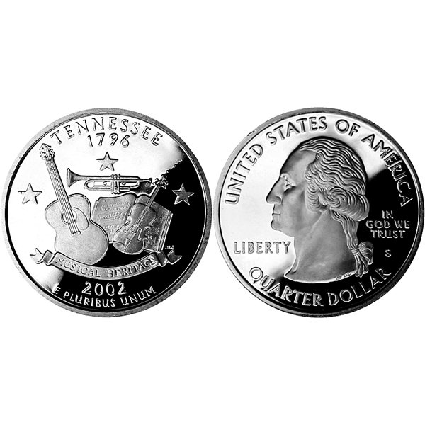 2002-S Tennessee State Quarter 90% Silver Proof: 2002-S Tennessee State Quarter 90% Silver Gem Deep Cameo Proof Coin *Free shipping for all domestic orders over $50. **Use this stock photograph as an indicator of the quality of the coin(s) you will