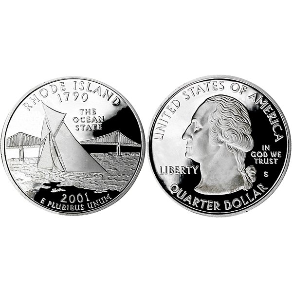 2001-S Rhode Island State Quarter 90% Silver Proof: 2001-S Rhode Island State Quarter 90% Silver Gem Deep Cameo Proof Coin *Free shipping for all domestic orders over $50. **Use this stock photograph as an indicator of the quality of the coin(s) you wi