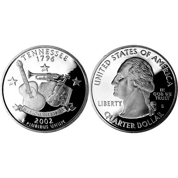 2002-S Tennessee State Quarter 90% Silver Proof: 2002-S Tennessee State Quarter 90% Silver Gem Deep Cameo Proof Coin *Free shipping for all domestic orders over $50. **Use this stock photograph as an indicator of the quality of the coin(s) you will