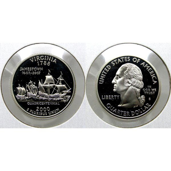 2000-S Virginia (90% Silver) State Quarter Proof Coin: 2000-S Virginia (90% Silver) State Quarter - Gem Deep Cameo Proof Coin *Free shipping for all domestic orders over $50. **Use this stock photograph as an indicator of the quality of the coin(s) you wi