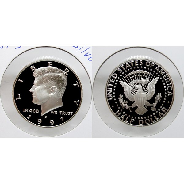 1997-S Kennedy Half Dollar 90% Silver Proof Coin: 1997-S Kennedy Half Dollar 90% Silver Gem Deep Cameo Proof Coin *Free shipping for all domestic orders over $50. **Use this stock photograph as an indicator of the quality of the coin(s) you will rece