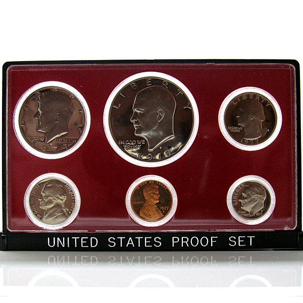 1977-S US Mint Proof Set in OGP: In this coin set you will receive the Penny, Nickel, Dime, Quarter, Half Dollar, and Ike Dollar. Comes in the original box. *Free shipping for all domestic orders over $50. **Use this stock photograph