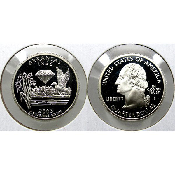 2003-S Arkansas (90% Silver) State Quarter Proof Coin: 2003-S Arkansas (90% Silver) State Quarter - Gem Deep Cameo Proof Coin *Free shipping for all domestic orders over $50. **Use this stock photograph as an indicator of the quality of the coin(s) you wi