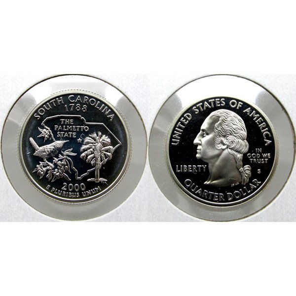2000-S South Carolina (90% Silver) State Quarter Proof: 2000-S South Carolina (90% Silver) State Quarter - Gem Deep Cameo Proof Coin *Free shipping for all domestic orders over $50. **Use this stock photograph as an indicator of the quality of the coin(s)