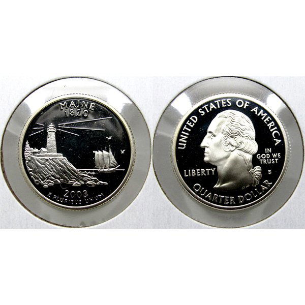 2003-S Maine (90% Silver) State Quarter Proof Coin: 2003-S Maine (90% Silver) State Quarter - Gem Deep Cameo Proof Coin *Free shipping for all domestic orders over $50. **Use this stock photograph as an indicator of the quality of the coin(s) you will