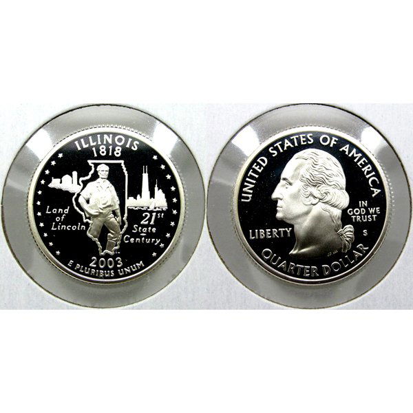2003-S Illinois (90% Silver) State Quarter Proof Coin: 2003-S Illinois (90% Silver) State Quarter - Gem Deep Cameo Proof Coin *Free shipping for all domestic orders over $50. **Use this stock photograph as an indicator of the quality of the coin(s) you wi