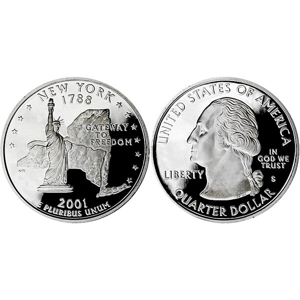 2001-S New York State Quarter 90% Silver Proof: 2001-S New York State Quarter 90% Silver Gem Deep Cameo Proof Coin *Free shipping for all domestic orders over $50. **Use this stock photograph as an indicator of the quality of the coin(s) you will r