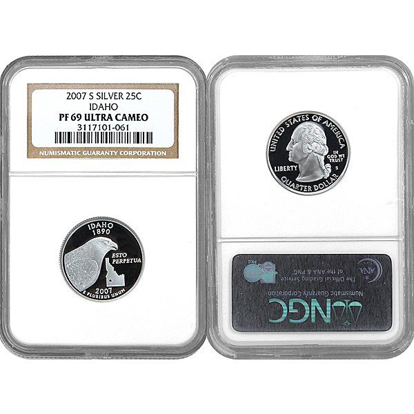 2007-S Idaho (90% Silver) State 25C PF69 NGC: 2007-S Idaho (90% Silver) State Quarter PF69 NGC *Free shipping for all domestic orders over $50. **Photos of products are a representation of the item you will receive and may or may not be the actua