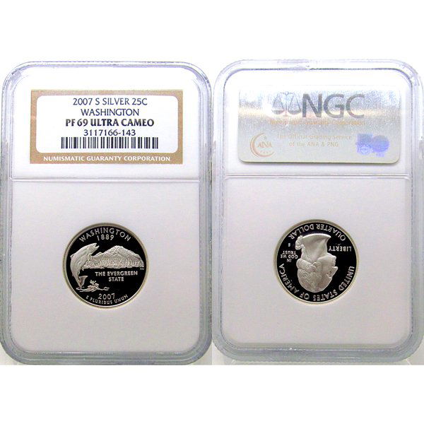 2007-S Washington (90% Silver) State 25C PF69 NGC: 2007-S Washington (90% Silver) State Quarter PF69 NGC *Free shipping for all domestic orders over $50. **Photos of products are a representation of the item you will receive and may or may not be the