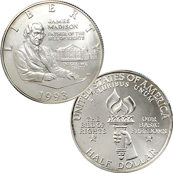 1993-W Madison Bill Of Rights Half Dollar -: 1993-W James Madison Bill Of Rights Silver Half Dollar in Uncirculated Condition