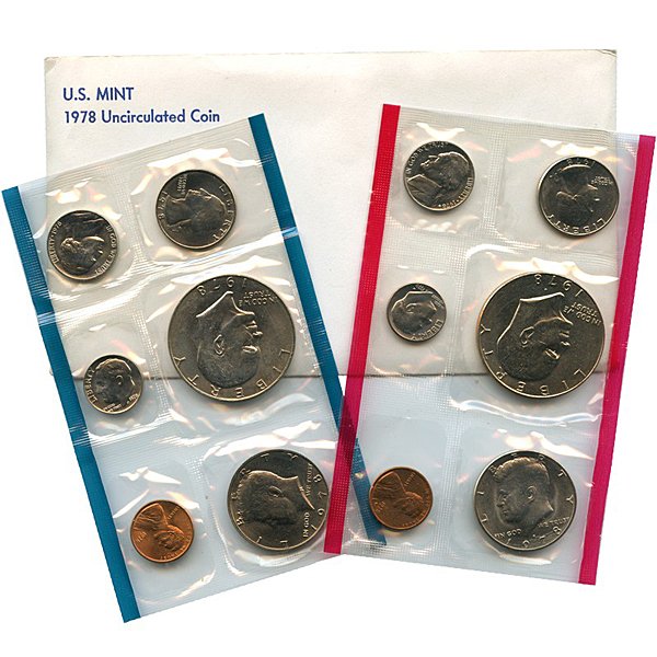 1978-P,-D US Complete Mint Set: 1978-P,-D US Mint Uncirculated 12-Coin Set - Original Envelope The coins included in this set are: (2) Eisenhower Dollars: Struck at the Philadelphia and Denver, (2) Kennedy Half-Dollars: Struck at th