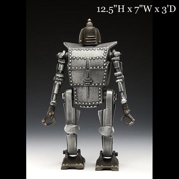 "The Robot" Coin Bank - 12.5"H x 7"W x 3'D: "The Robot" Coin Bank Retro - Styled In 1950's Futuristic Design Handmade bronze and aluminum, "The Robot" Coin bank. The robot's movable arms and legs are fastened by socket head screws and can be po