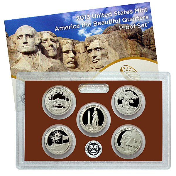 2013-S US Mint ATB Quarters 5-Coin Clad Proof Set: 2013 S 5 Piece (pc) Clad America The Beautiful (ATB) Quarter Proof Set The 2013 America The Beautiful (ATB) Quarters consist of the White Mountain National Forest in New Hampshire, the Perry's Victory