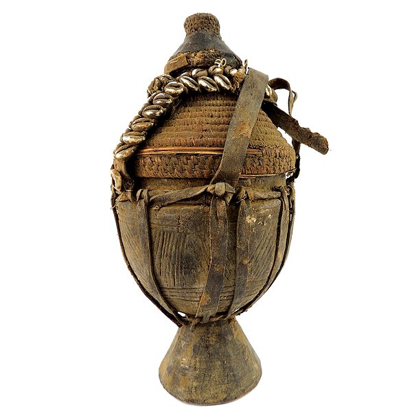 Early 1900's Cultural Tribal Leather Water Jug: Early 1900's Authentic Cultural Tribal Leather Water Jug from Zimbabwe - Leather, Natural Fibers and Shells - Dimensions: 7" Diam., 13" H SHIPPING - Free shipping. - Actual picture. RETURN AND EXCHANG