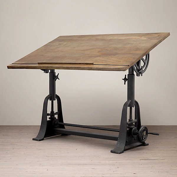 European Industrial Architect Drafting Table: European Industrial Architect Drafting Table - Cast iron base with a solid wood top - Crank mechanism adjust the angle and height - Dimensions: 55" W x 36" D x 31" H - Weight: 254 lb SHIPPING - Buyer 