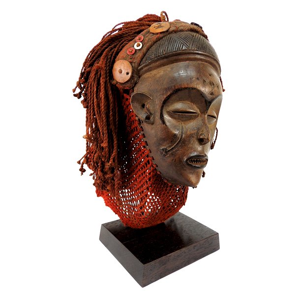 Early 1900's Cultural Tribal Carved Wood Mask: Early 1900's Authentic Cultural Tribal Female Wooden Mask from Angola w/ Square Base - Carved Wood and Natural Fibers - Very Fine Condition Dimensions: with Base 15" H x 9" W Weight: SHIPPING - Free s