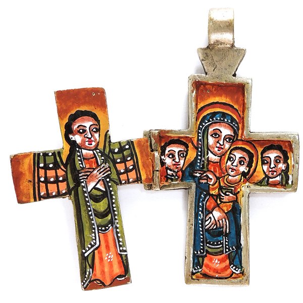 Early 1900's Traditional Coptic Cross and Icon: Early 1900's Traditional Coptic Cross and Painted Icon From Sudan - Painted Metal - Dimensions: closed 3.5" H x 2" W SHIPPING - Free shipping. - Actual picture. RETURN AND EXCHANGE POLICY - All sales
