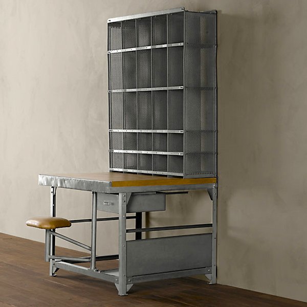 European Industrial Steel Post Office Sorting Desk: Early 1900's European Industrial Steel Post Office Sorting Desk having multiple compartments over a desk surface and single drawer. Supported on box form base with swing seat. - Leather top and stool