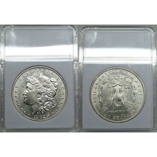 1902 Morgan Silver Dollar - Uncirculated: 1902 Morgan Silver Dollar - Uncirculated Product Specifications: Year : 1902. Denomination: $1 U.S. Dollar. Metal Composition: 90% silver, 10% copper. Country of Manufacture: United States of America.