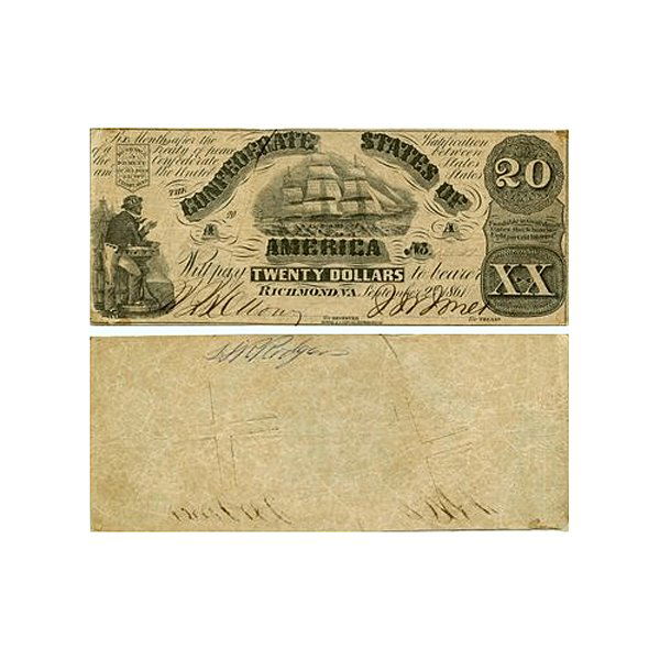 1861 $20 Confederate Ship Note - Very Fine: Scarce 1861 $20 Confederate Ship Note - Very Fine Or Better Condition The obverse (front) center of each of these beautiful notes features a clipper ship in full sail, while the left side shows a sail