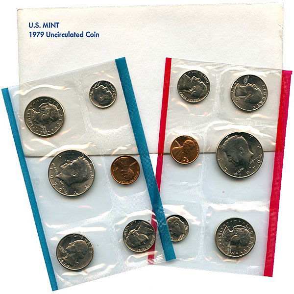 1979-P,-D US Complete Mint Set: 1979-P,-D US Mint Uncirculated 12-Coin Set - Original Envelope The coins included in this set are: (2) Susan B. Anthony Dollars: Struck at the Philadelphia and Denver, (2) Kennedy Half-Dollars: Struck