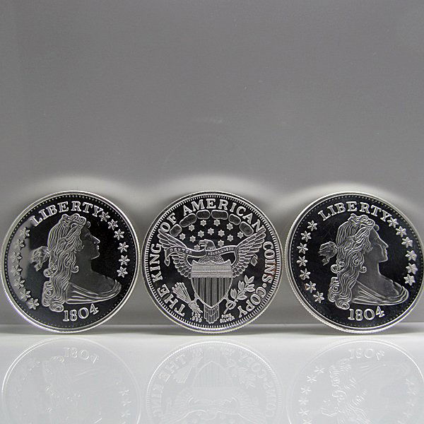 1804 1 Oz Dollar Design Silver Rounds 3pc: 1804 1 Oz Dollar Design Silver Rounds 3pc DESCRIPTION: - 90% Silver - Brilliant Uncirculated - Photos of products are a representation of the item you will receive and may or may not be the actual ite