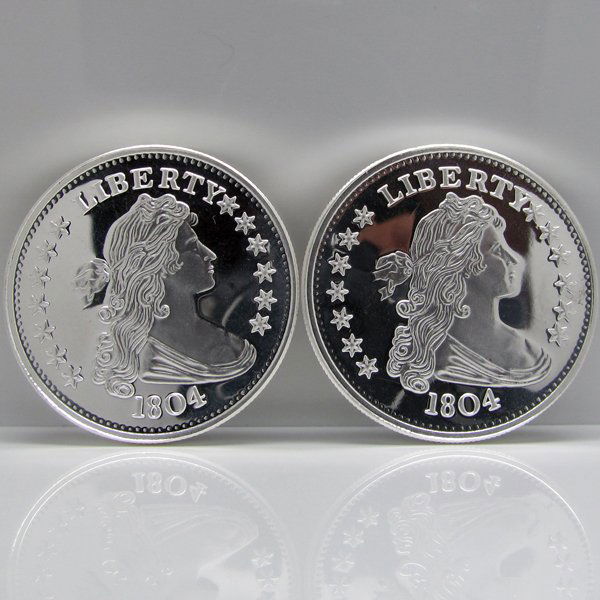 1804 1 Oz Dollar Design Silver Rounds 2pc: 1804 1 Oz Dollar Design Silver Rounds 2pc DESCRIPTION: - 90% Silver - Brilliant Uncirculated - Photos of products are a representation of the item you will receive and may or may not be the actual ite
