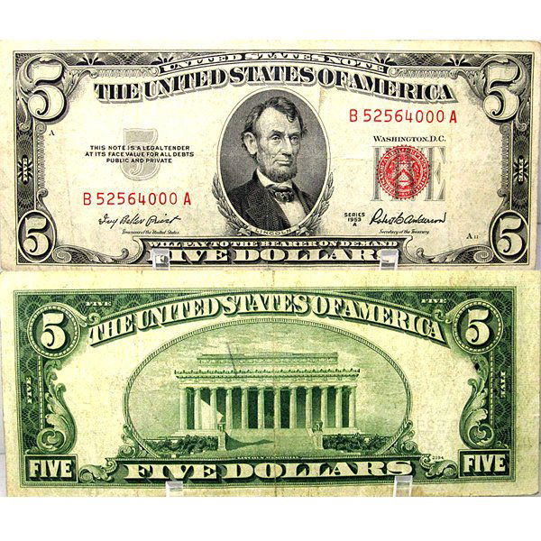 1953 $5 Bill - Red Seal Note - Very Fine - 000A (1 of 1)