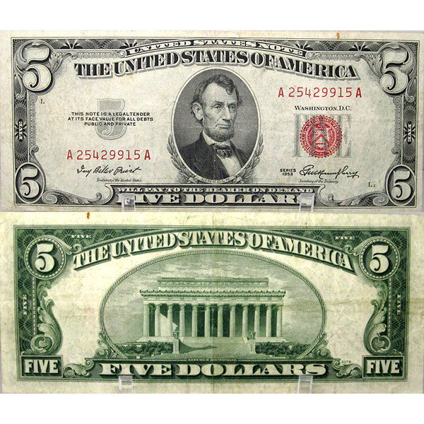 1953 $5 Bill - Red Seal Note - Very Fine - 915A (1 of 1)