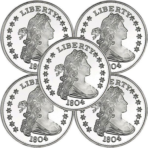 1804 1 Oz Dollar Design Silver Rounds 5pc: 1804 1 Oz Dollar Design Silver Rounds 5pc DESCRIPTION: - 90% Silver - Brilliant Uncirculated - Photos of products are a representation of the item you will receive and may or may not be the actual ite