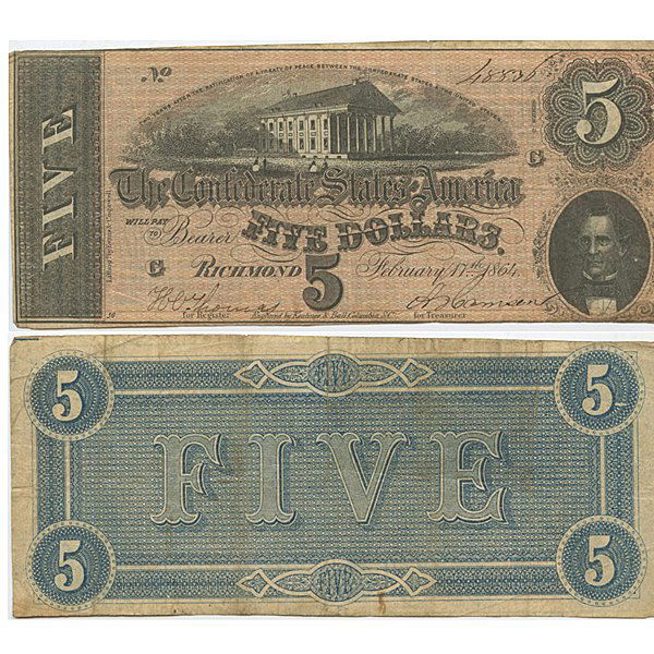 1864 $5 Confederate Note - Very Fine (1 of 1)