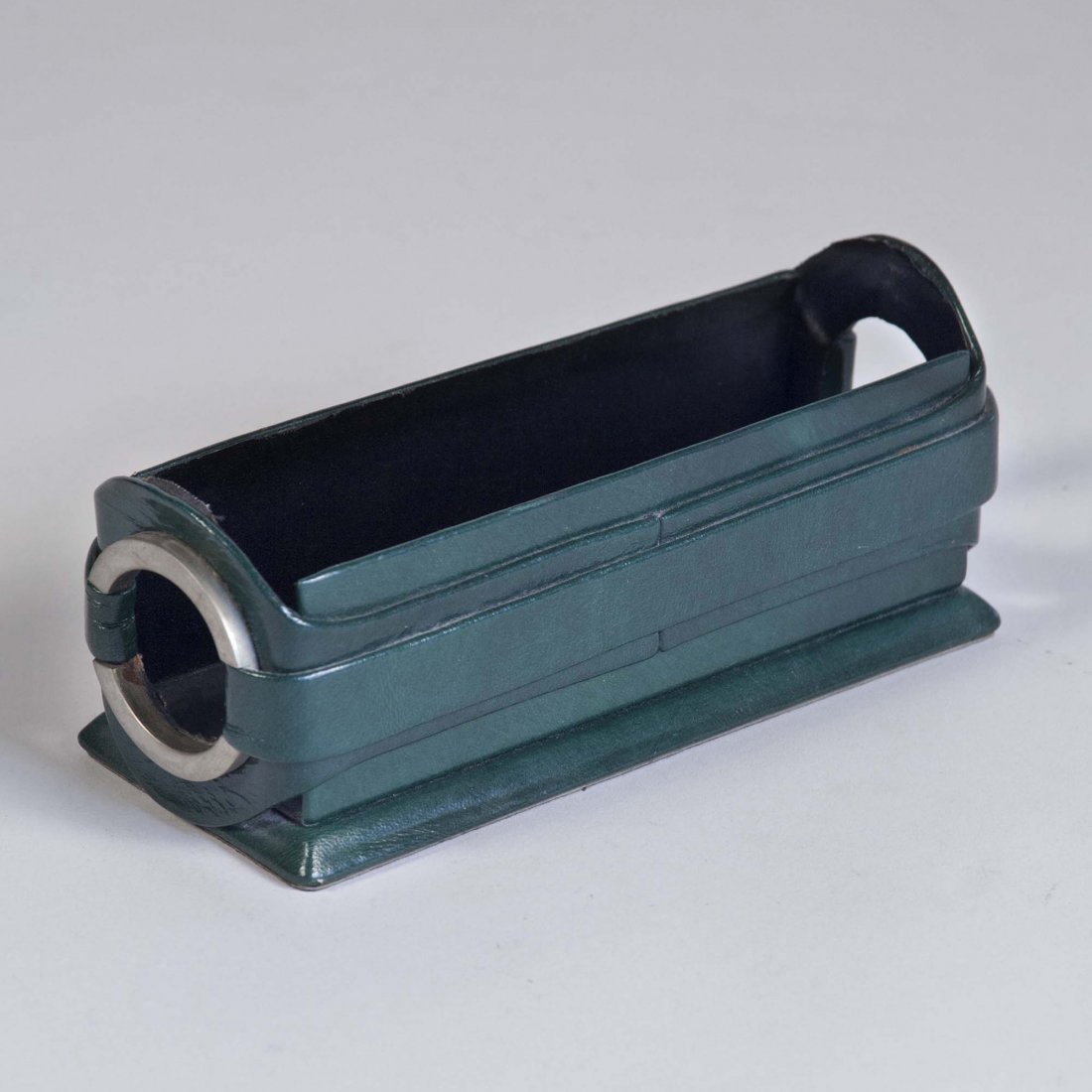 Leather Letter Holder: Jade color leather letter holder, rectangular form with open chrome ring ends, French 1960s. 8 1/4 x 3 1/4 in, height 3 1/4 in.