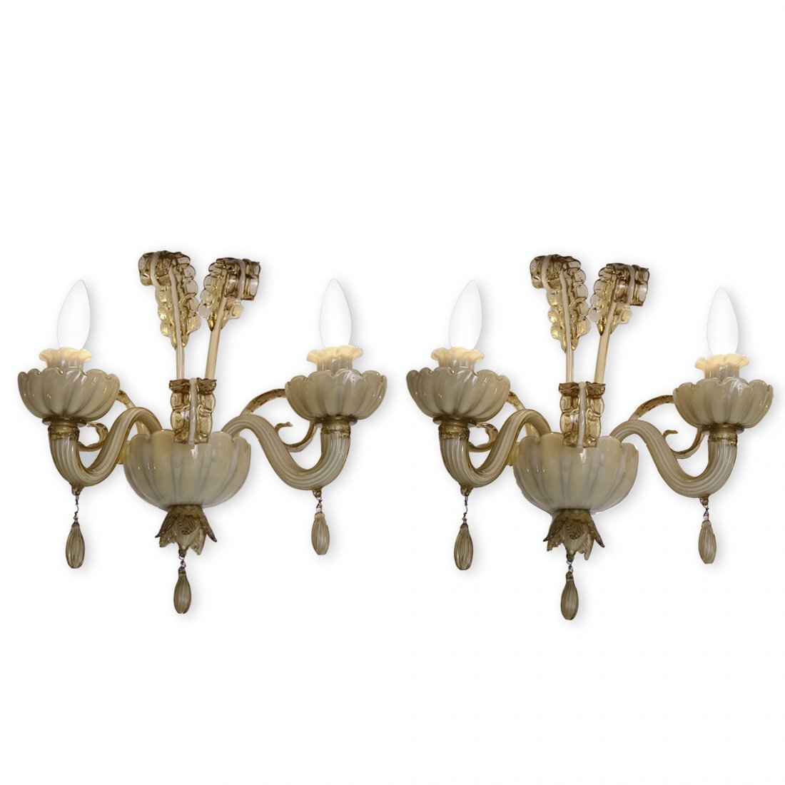 Veronese Two Arm Sconces, Pair: Pair of two arm white opaque, gold and clear glass sconces, with cups, drops and leaf forms. The glass manufactured in Murano for Veronese, French 1940s. Height 13 3/4 in, width 14 1/2 in, depth 7 in.
