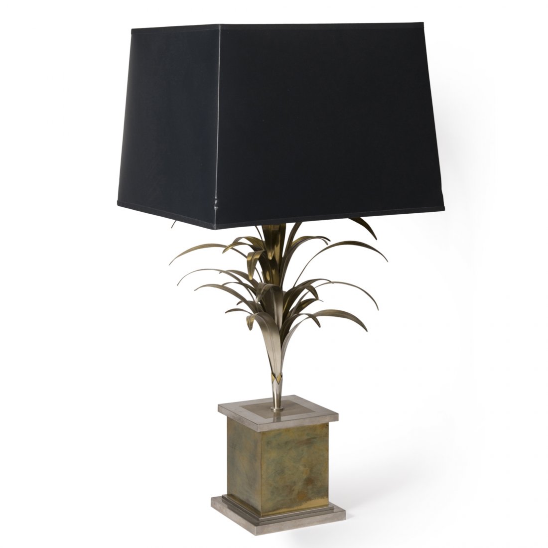 Brass Palm Table Lamp: Brass and nickeled brass palm form table lamp, resting on a tall square base, in a custom black paper shade which is gold foil lined. In the style of Maison Jansen, French 1970s. Overall height 30 1/2