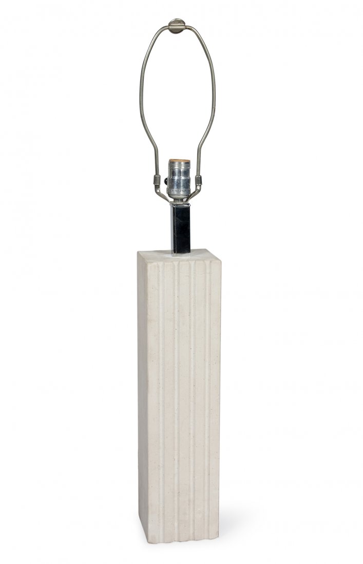 Raymor Stone Table Lamp: Fluted square column table lamp, by Raymor, Italian production for American company, 1950s. Height of marble base 17 in, base measures 4 1/4 in square. Height to top of finial 31 in.